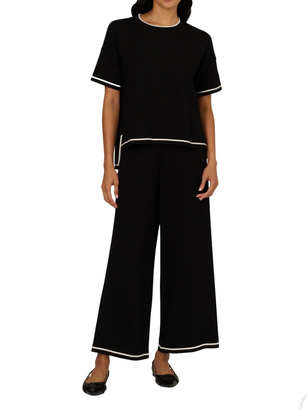 2 Piece Set Adrianna Papell Black Wide-Leg light weight sweater set White Trim